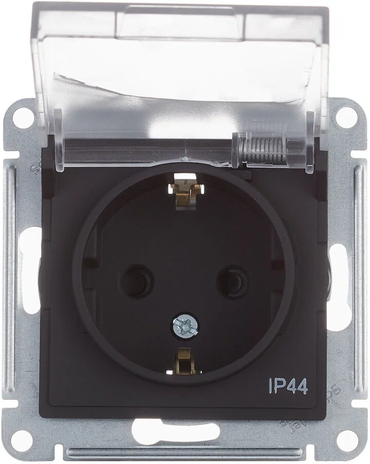 Розетка 1-м СП AtlasDesign Aqua 16А IP44 с заземл. защ. шторки с прозр. крышкой механизм карбон SE A