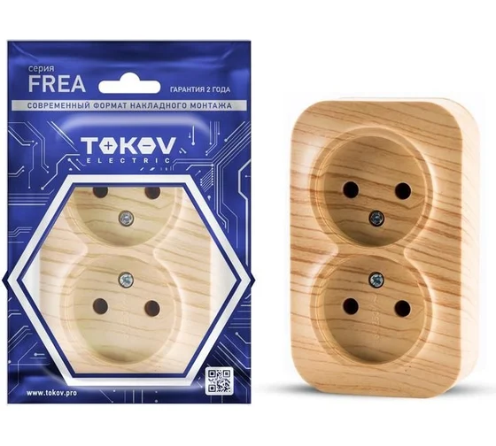 Розетка 2-м ОП Frea 16А IP20 250В без заземл. АБС-пластик сосна TOKOV ELECTRIC