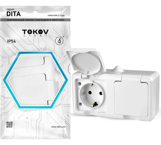 Розетка 2-м ОП Dita 16А IP54 250В с заземл. с крышкой бел. TOKOV ELECTRIC TKL-DT-R2Z-C01-IP54