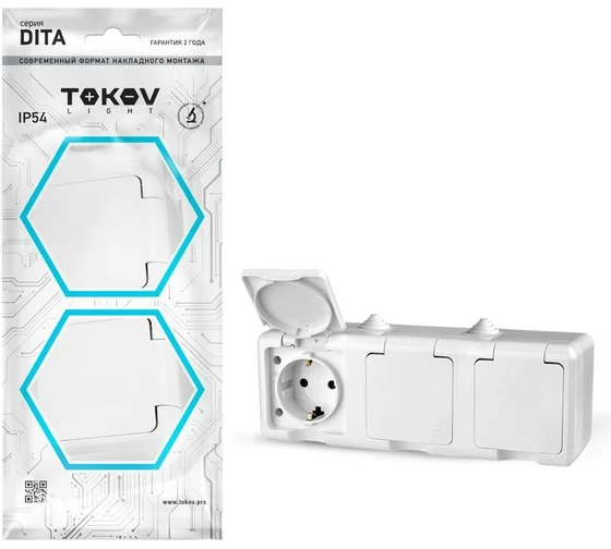 Розетка 3-м ОП Dita 16А IP54 250В с заземл. с крышкой бел. TOKOV ELECTRIC TKL-DT-R3Z-C01-IP54