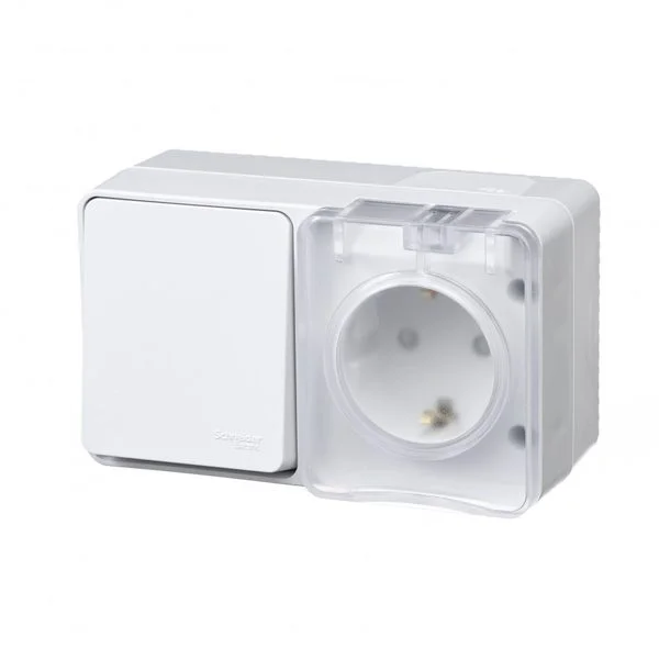 Блок ОП AtlasDesign Profi54 (розетка 16А 250В с заземл. защ. шторки + 1-кл. выкл. 10А) IP54 бел. SE 