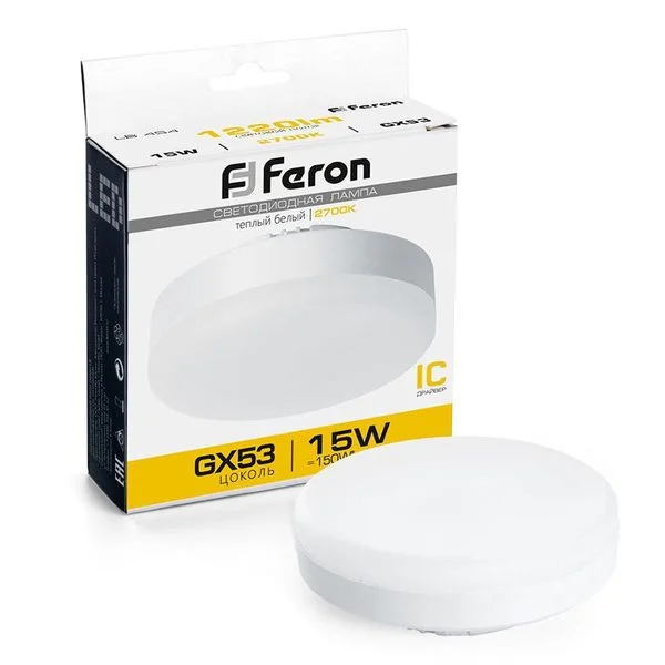 Лампа светодиодная LED 15вт GX53 теплый таблетка, FERON, LB-454 25834