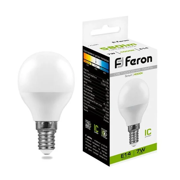 Лампа светодиодная LED 7вт Е14 белый шар, FERON, LB-95 25479