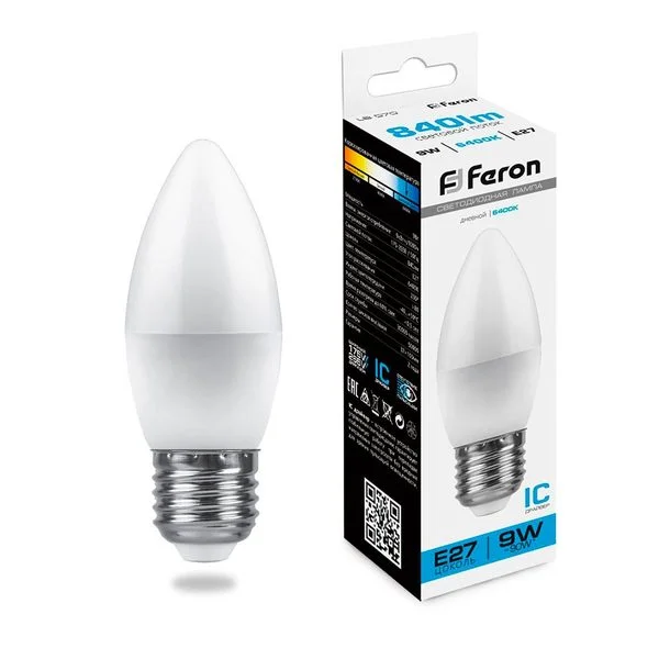 Лампа светодиодная LED 9вт Е27 дневной матовая свеча, FERON, LB-570 25938