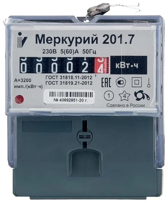 Счетчик Меркурий 201.7 1ф 5-60А класс точн. 1.0 1 тариф. на DIN-рейку мех. ОУ Инкотекс 00000032680