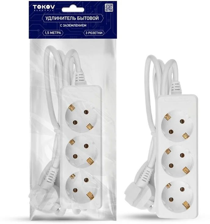 Удлинитель 3х1.5м с заземл. 10А 3х0.75 TOKOV ELECTRIC TKE-C01-BU3-1.5-075-Z