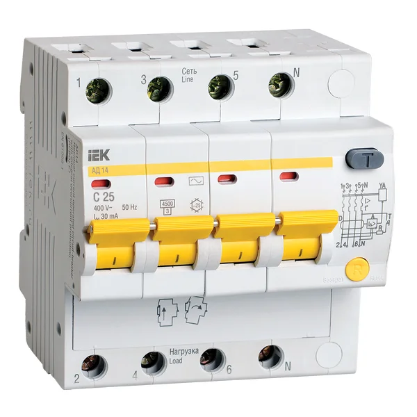 Выкл. авт. диф. тока 4п C 25А 30мА тип AC 4.5кА АД-14 KARAT IEK MAD10-4-025-C-030