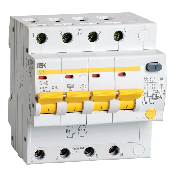Выкл. авт. диф. тока 4п C 40А 30мА тип AC 4.5кА АД-14 KARAT IEK MAD10-4-040-C-030